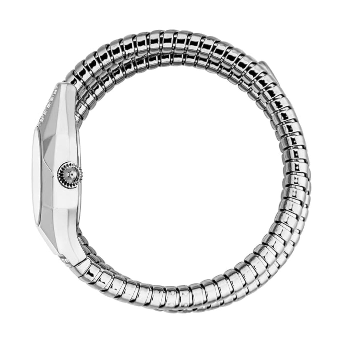 Silver watch with a snake-like band on a white background