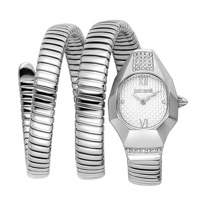 Silver watch with snake-like band on a white background