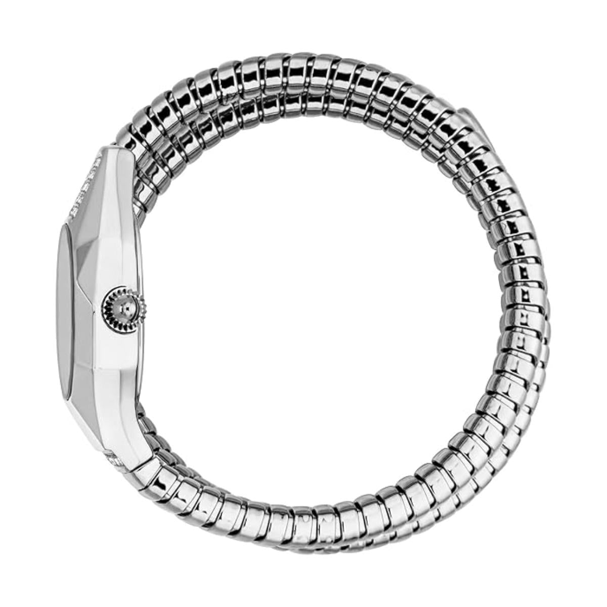 Silver watch with a snake-like metal band on a white background