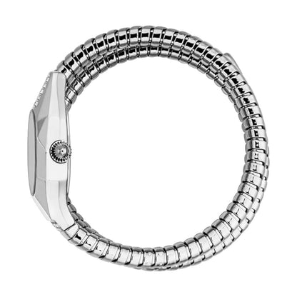 Silver watch with a snake-like metal band on a white background