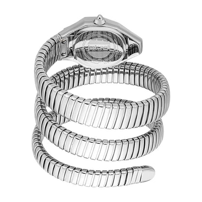 Silver snake-shaped watch on a white background
