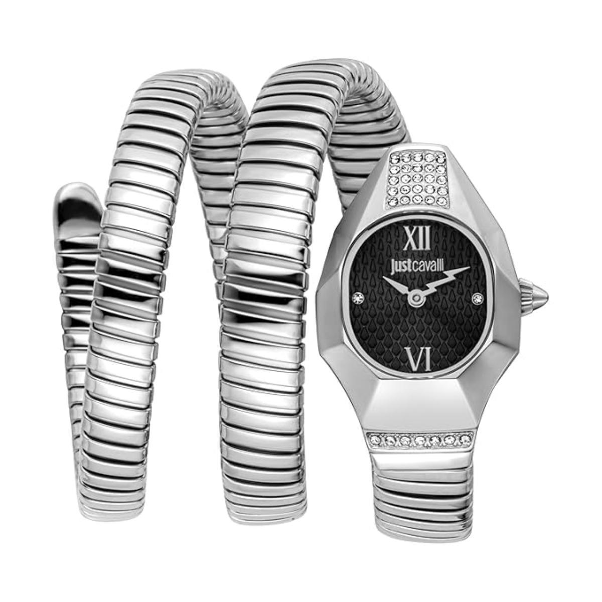 Silver watch and bracelet set with 'just Cavalli' branding on a white background