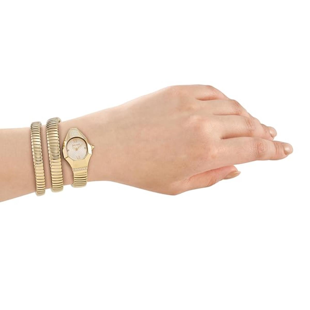 Hand wearing a gold watch and bracelets on a white background