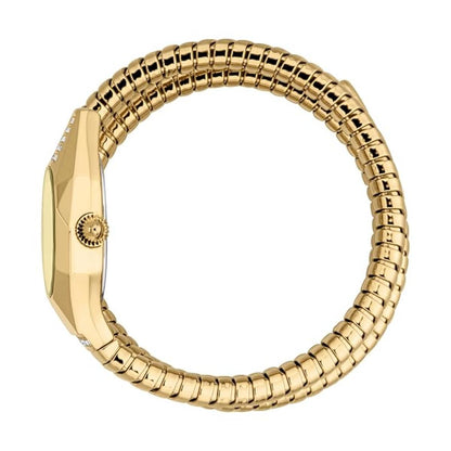 Gold watch with a textured band on a white background