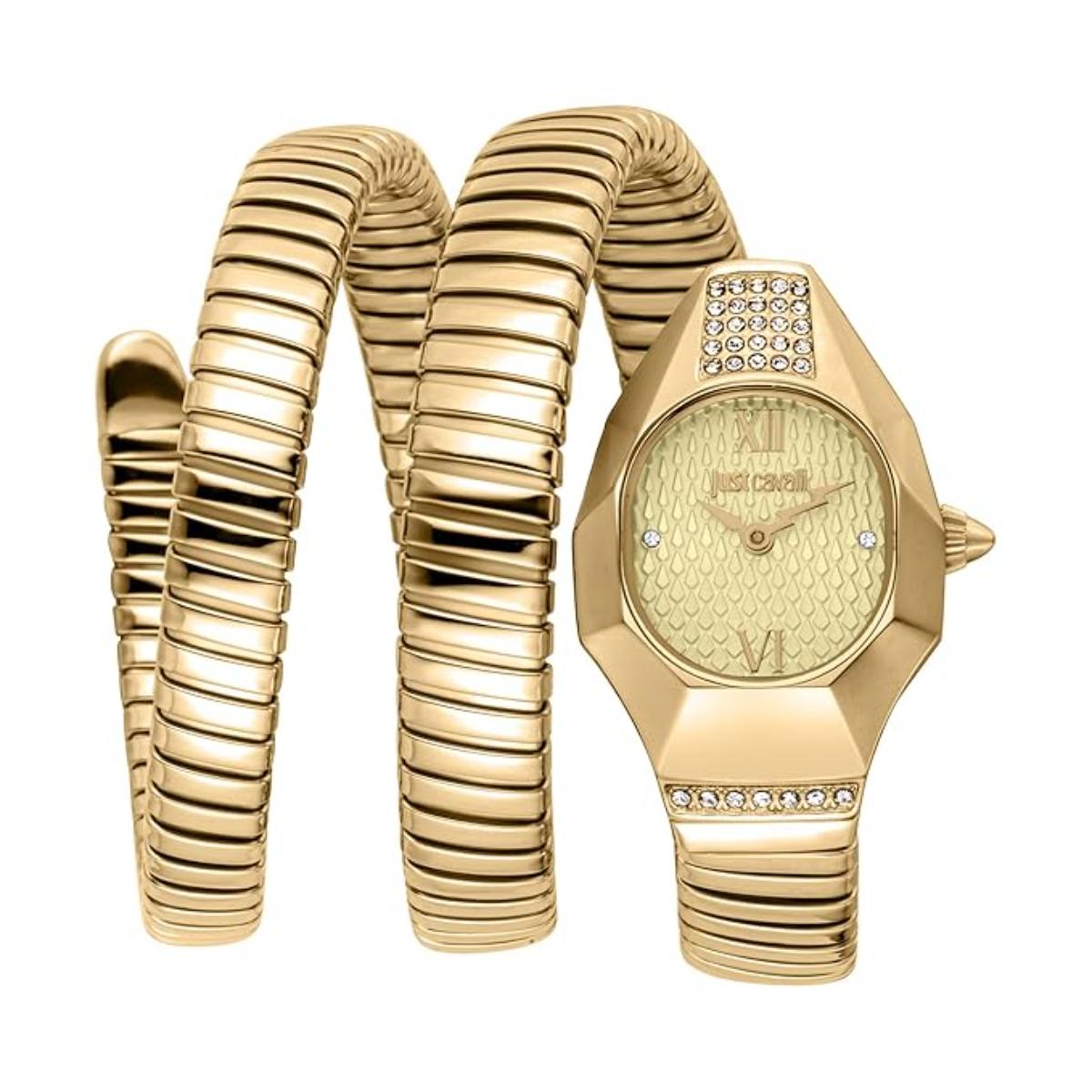 Gold watch and bracelet set on a white background