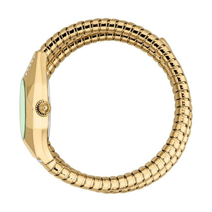Gold watch with a textured band on a white background