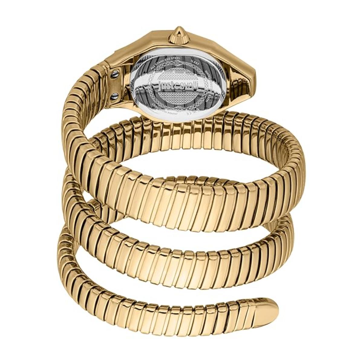 Gold snake-shaped watch on a white background