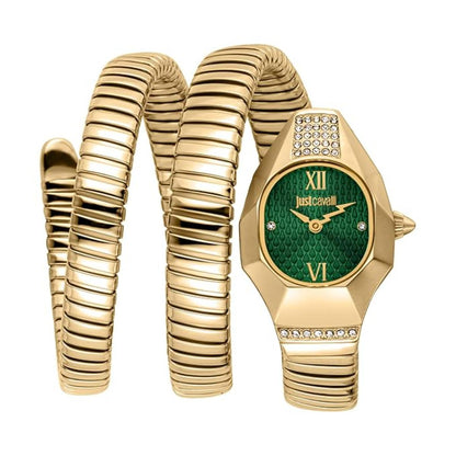 Gold bracelet and watch with green face on a white background