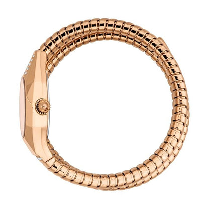 Rose gold watch with a unique band design on a white background