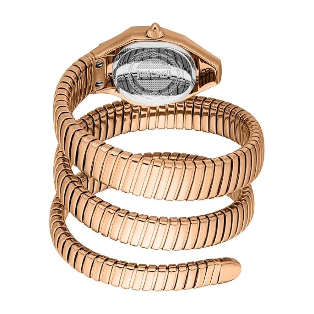 Rose gold snake-shaped bracelet on a white background