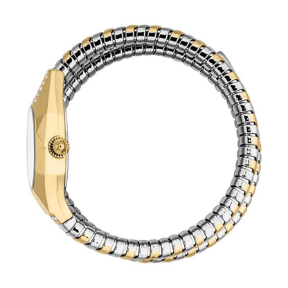 Two-tone watch with silver and gold band on a white background
