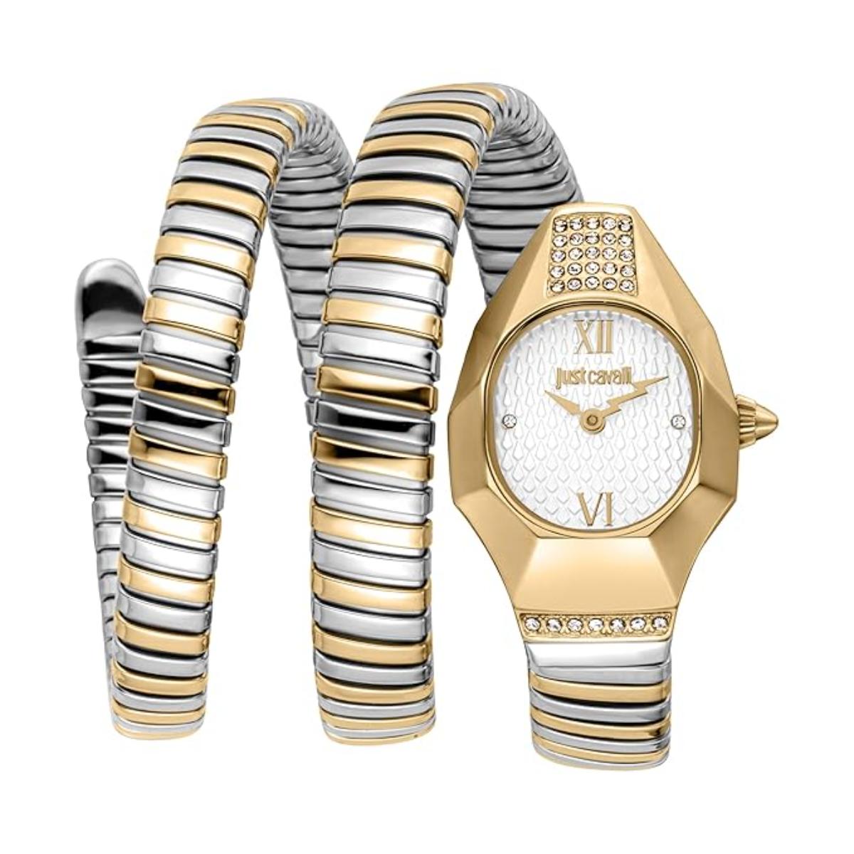 Gold and silver watch with a matching bracelet on a white background