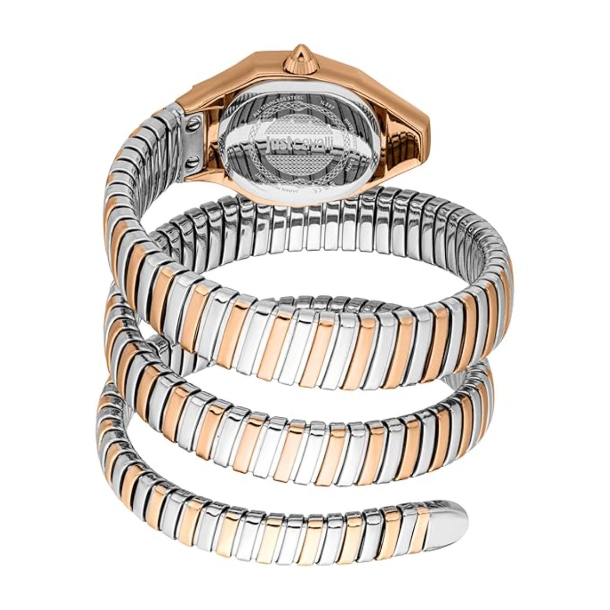Two-tone spiral bracelet with gold and silver stripes on a white background