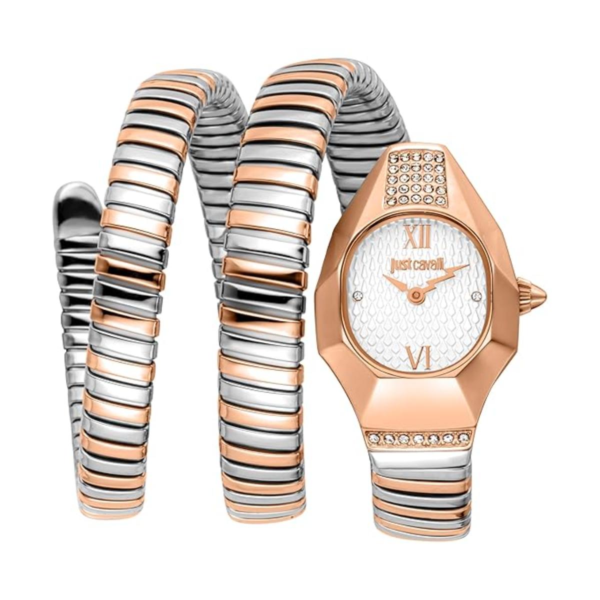 Rose gold and silver watch with matching bracelet on a white background