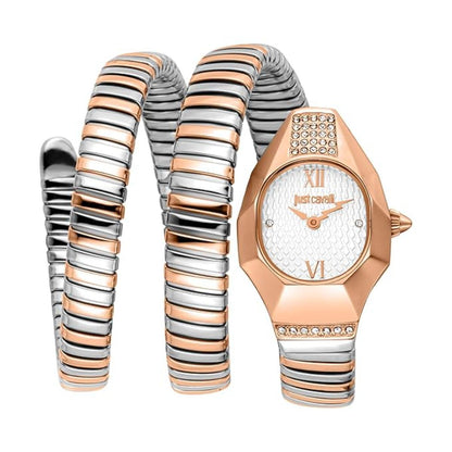 Rose gold and silver watch with matching bracelet on a white background