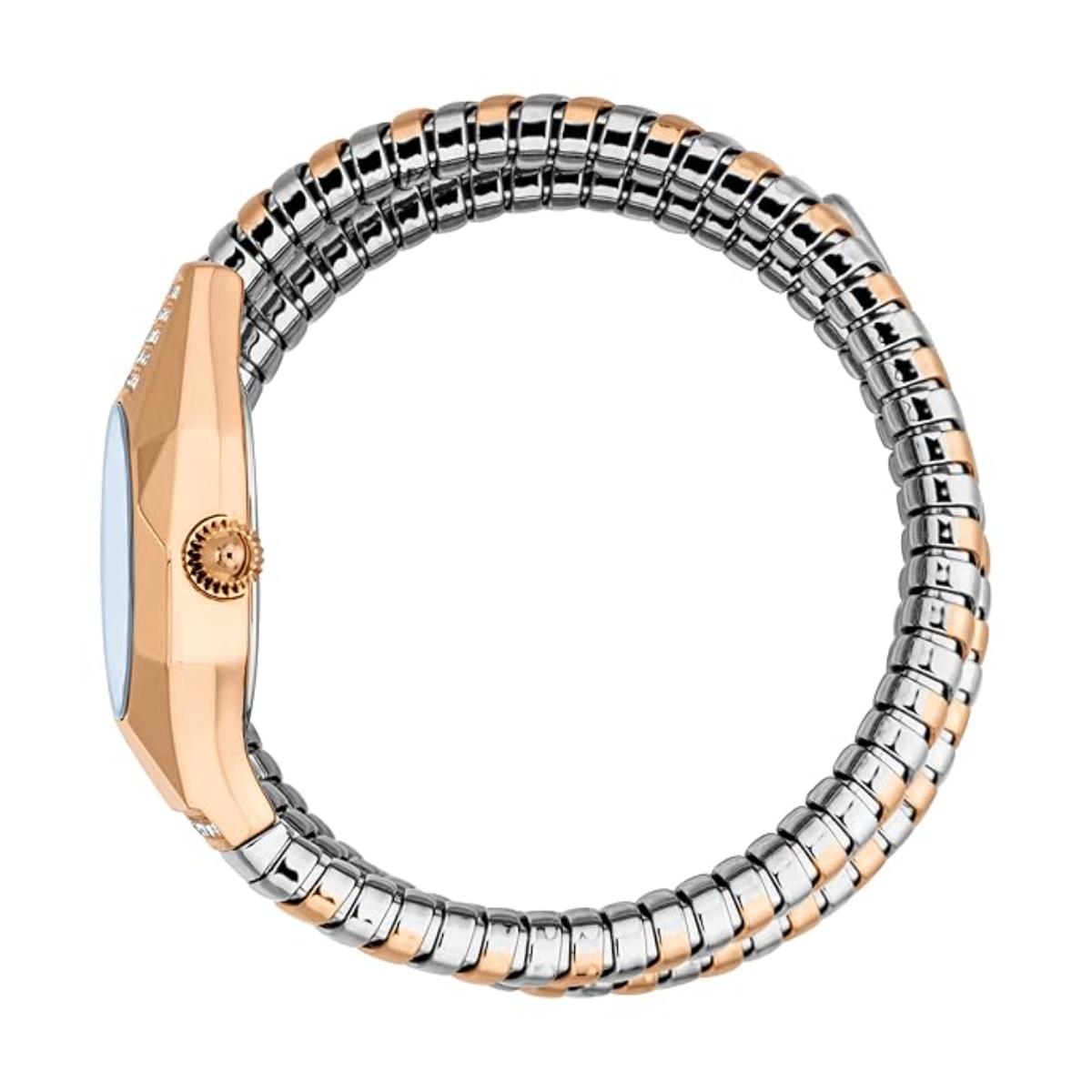 Two-tone watch with rose gold and silver band on a white background