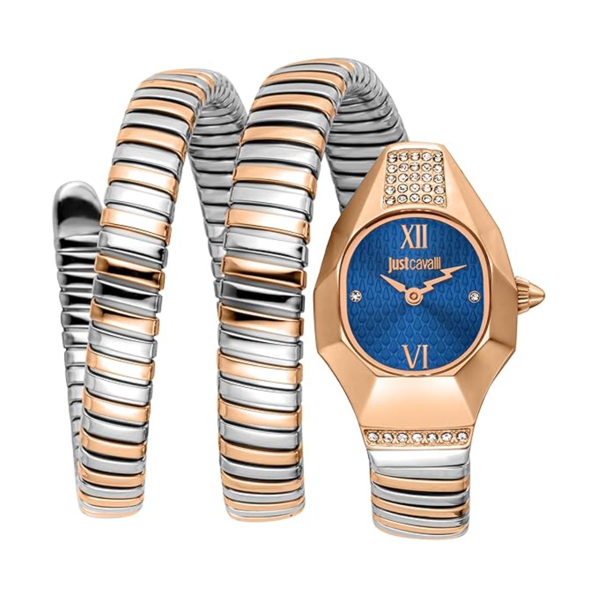 Two-tone watch and bracelet set with blue face and 'just Cavalli' branding on a white background
