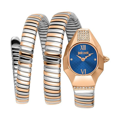 Two-tone watch and bracelet set with blue face and 'just Cavalli' branding on a white background