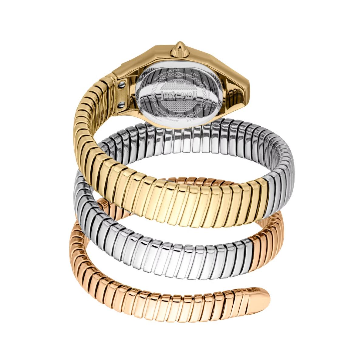 Three gold and silver bracelets stacked on a white background