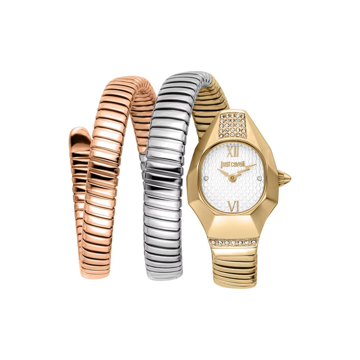 Three gold watches with different band designs on a white background