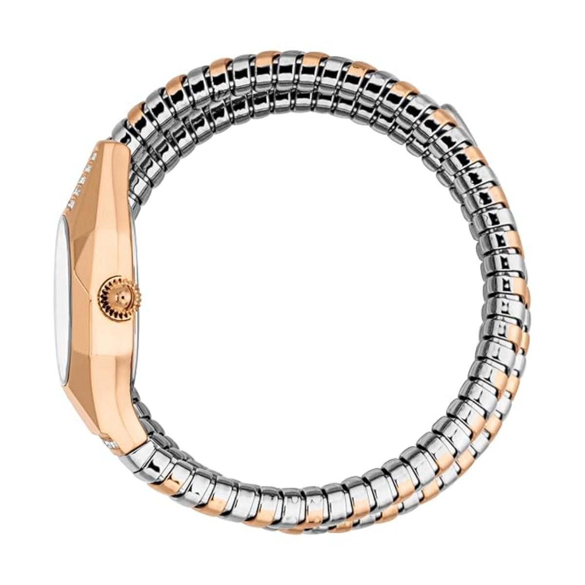 Two-tone watch with silver and rose gold band on a white background