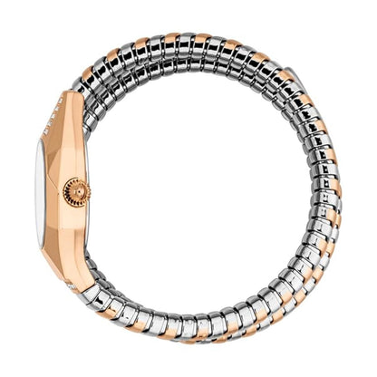 Two-tone watch with silver and rose gold band on a white background