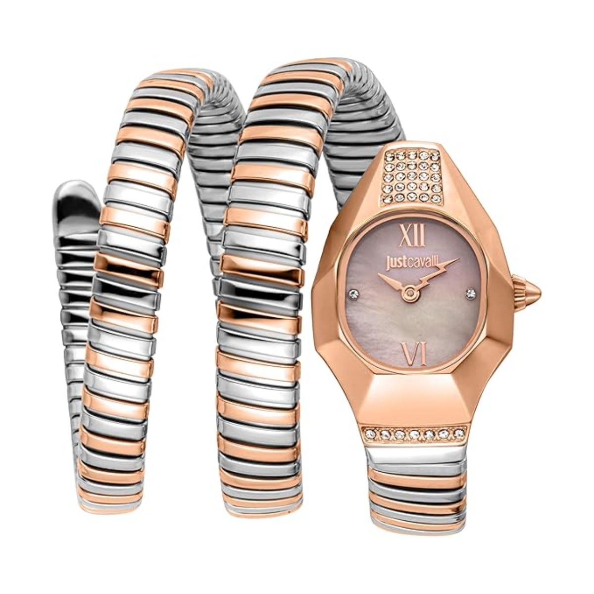 Rose gold and silver watch with matching bracelet on a white background
