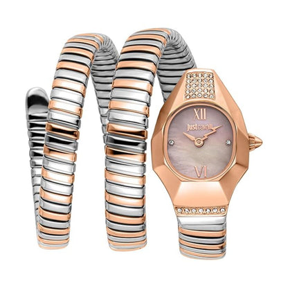 Rose gold and silver watch with matching bracelet on a white background