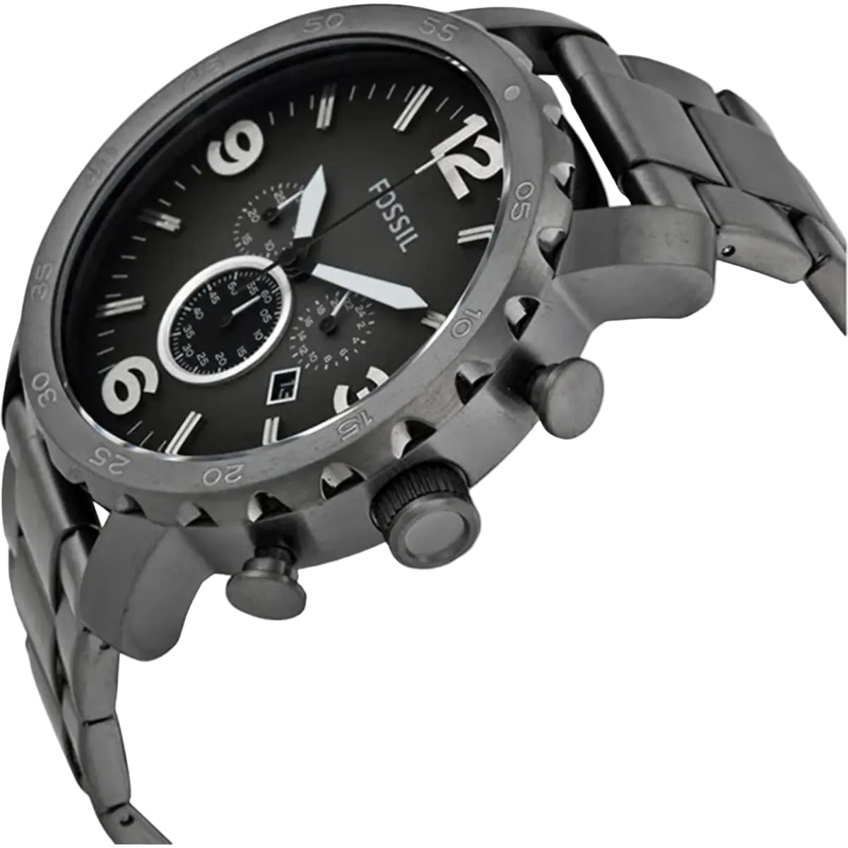 Fossil watch with black face and gray metal strap on a white background