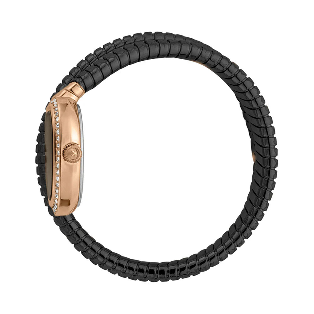 Black woven watch strap with rose gold clasp on a white background