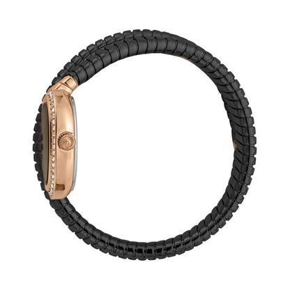 Black woven watch strap with rose gold clasp on a white background