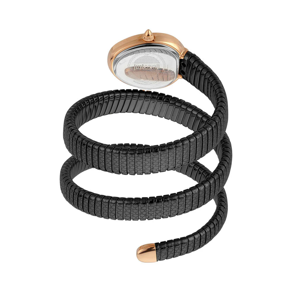 Wristwatch with black braided strap and rose gold accents on a white background