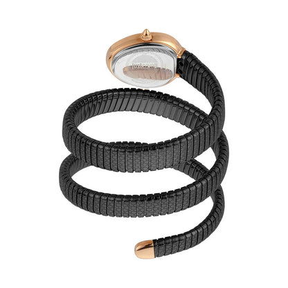 Wristwatch with black braided strap and rose gold accents on a white background