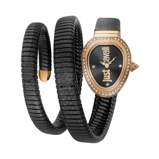 Black spiral watch with rose gold accents and 'Just Cavalli' branding on a white background