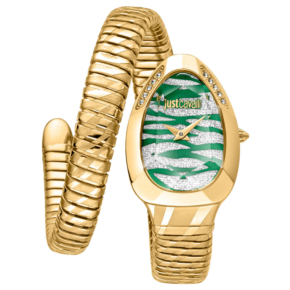 A gold-tone JUST CAVALLI analog watch with a silver dial and a coiled metal bracelet.
