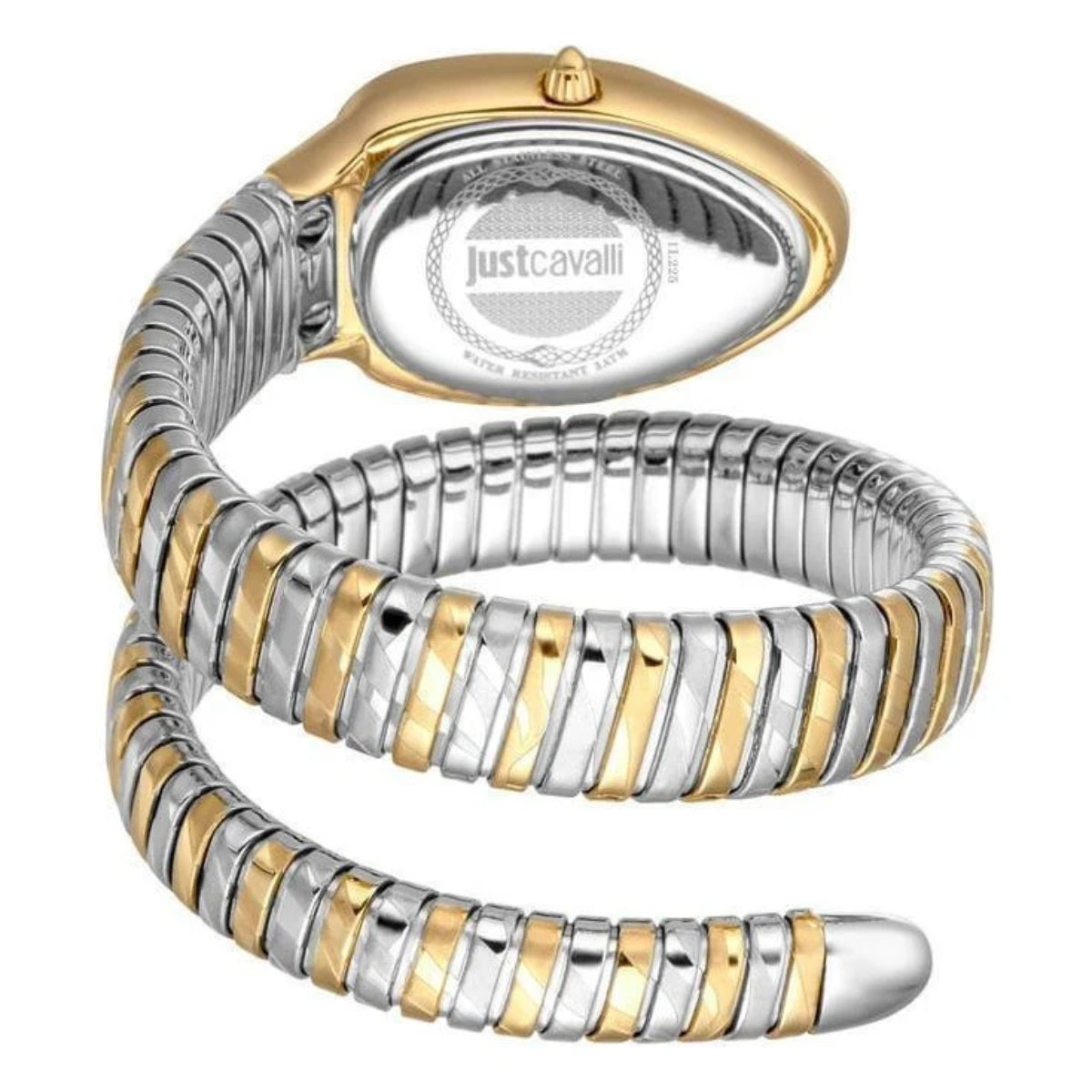 Two-tone watch with gold and silver bands on a white background, featuring Just Cavalli branding.