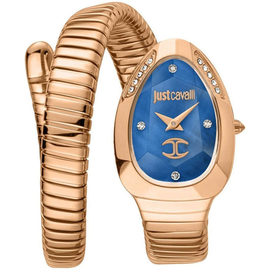Rose gold watch with blue face and 'Just Cavalli' branding on a white background