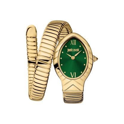 Gold watch with green face and matching bracelet on a white background