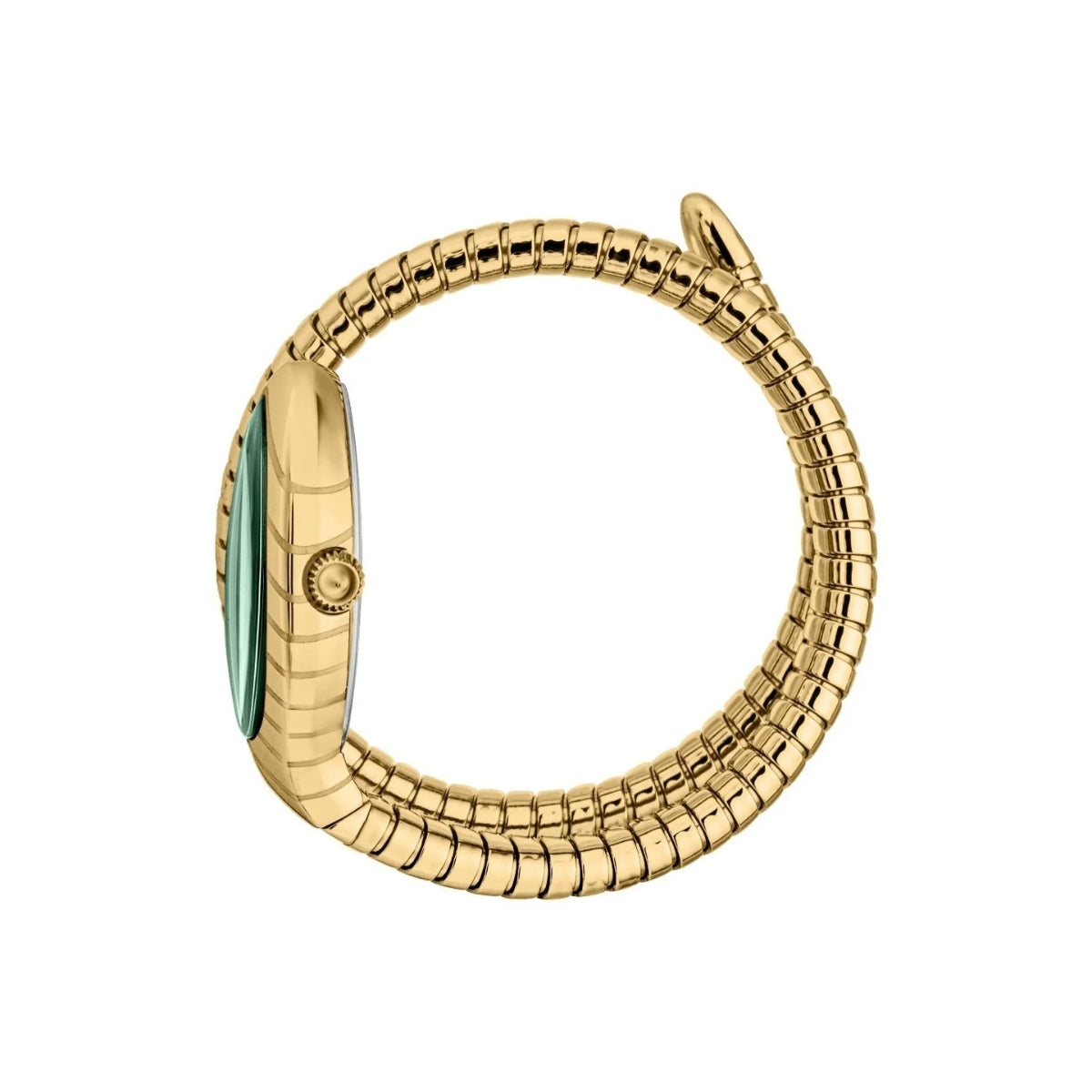 Gold ring with a green gemstone on a white background