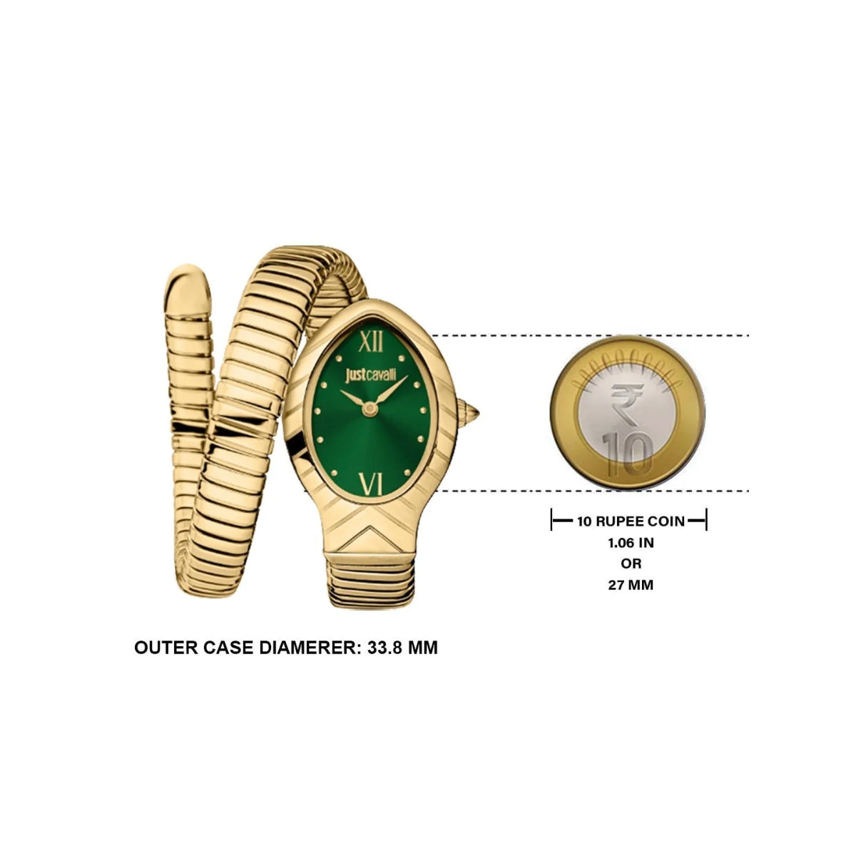 Gold watch with green face and matching bracelet, size comparison with a coin included.