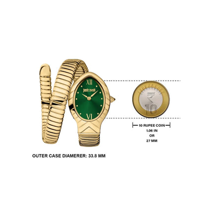 Gold watch with green face and matching bracelet, size comparison with a coin included.