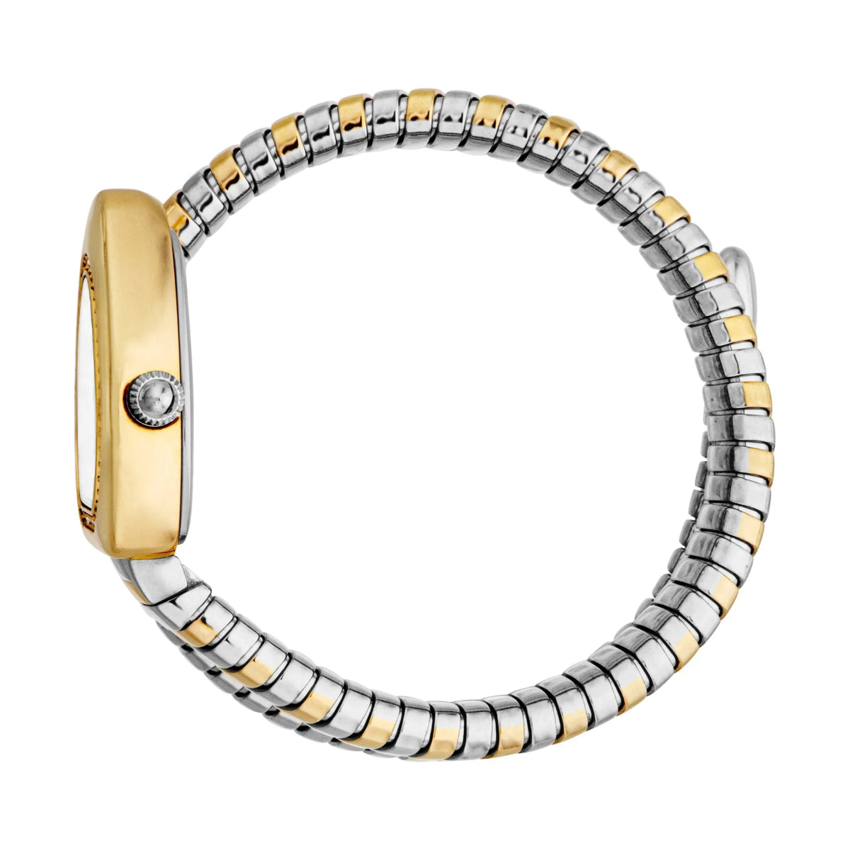 Two-tone watch with gold and silver band on a white background