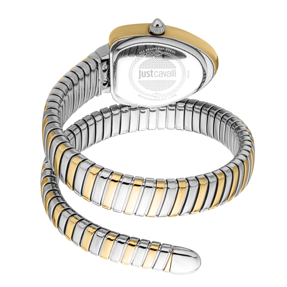 Two-tone watch with gold and silver band on a white background, featuring Just Cavalli branding.