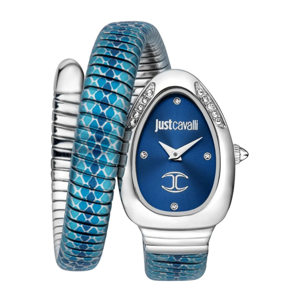 Blue watch with snake-like patterned strap and 'Just Cavalli' branding on a white background