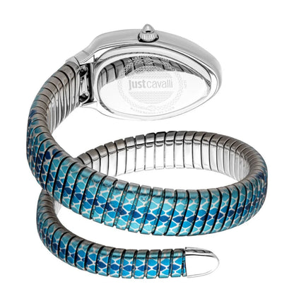 Watch with a blue and silver snake-like strap on a white background