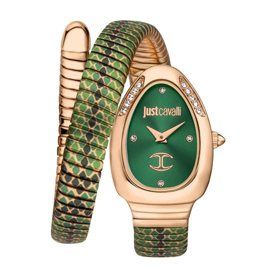 Green watch with rose gold case and green strap on white background