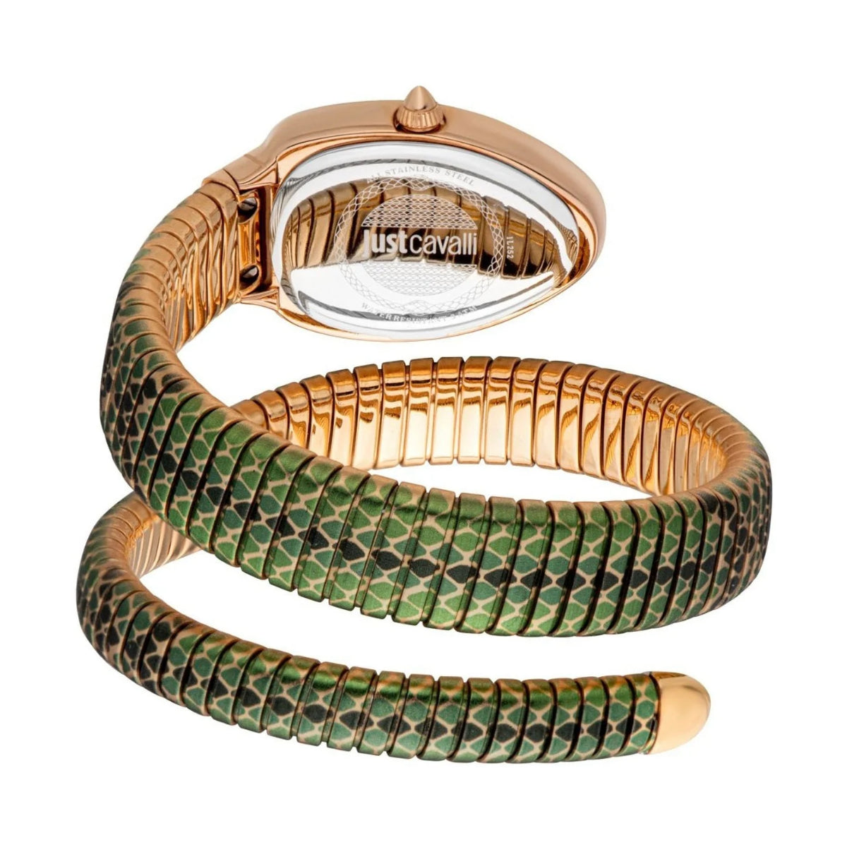 Gold and green snake-shaped watch on a white background