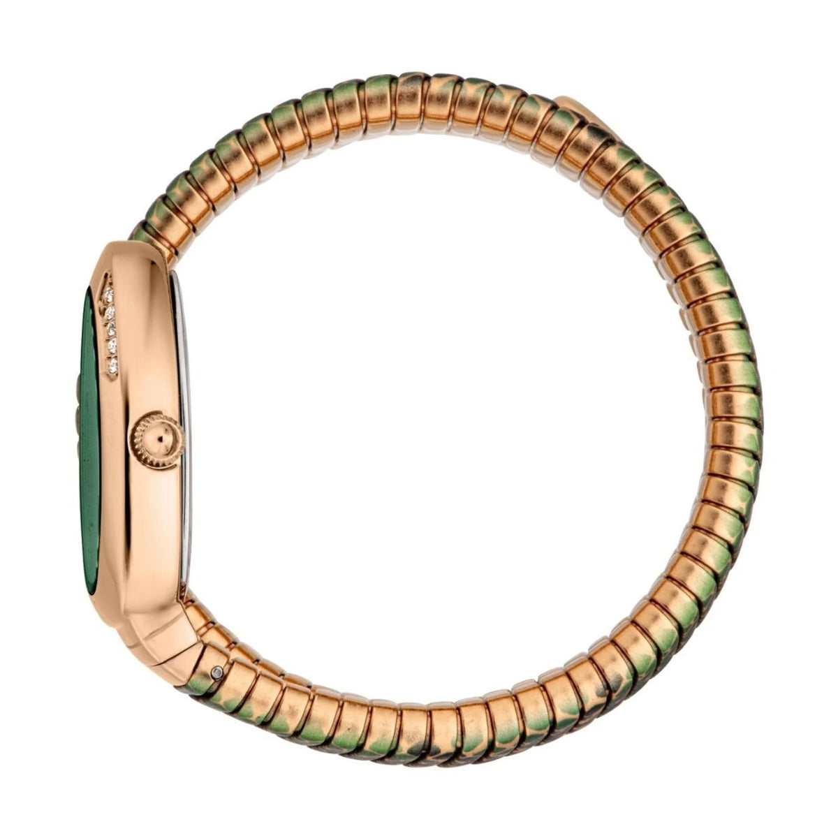 Rose gold bracelet with green accents on a white background
