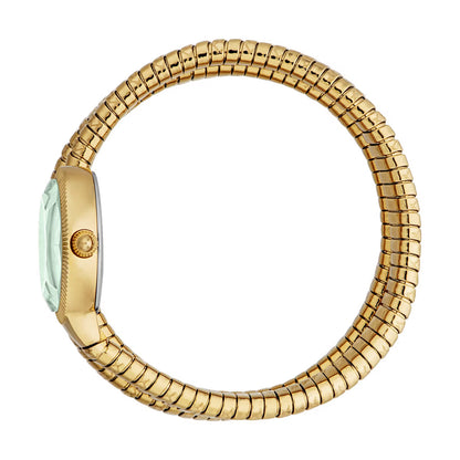 Gold watch with a green face on a white background