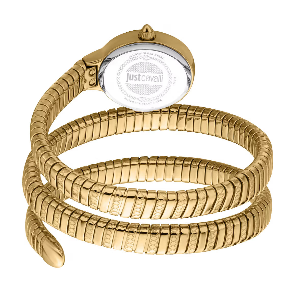 Gold snake-patterned bracelet with a brand logo on a white background